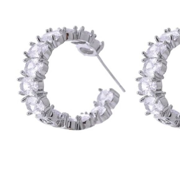 Silver Plated Copper with Cubic Zirconia Hoop Earrings - Picture 3 of 6